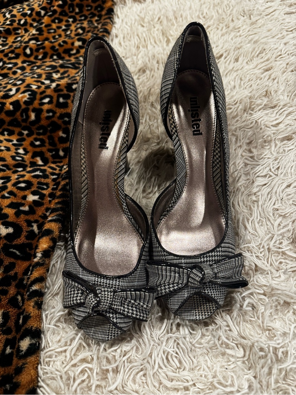 Unlisted Black and Gray Plaid Peep-Toe Heels with Bow